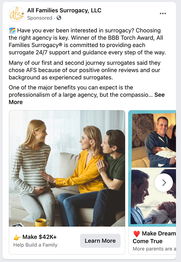 All Families Surrogacy Facebook Ad