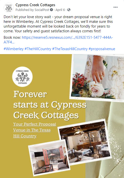 cypress creek cottages social media post