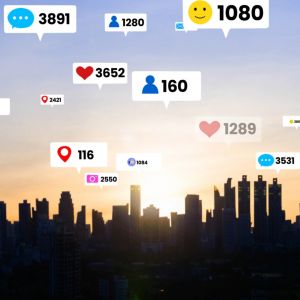 city skyline with social media engagement