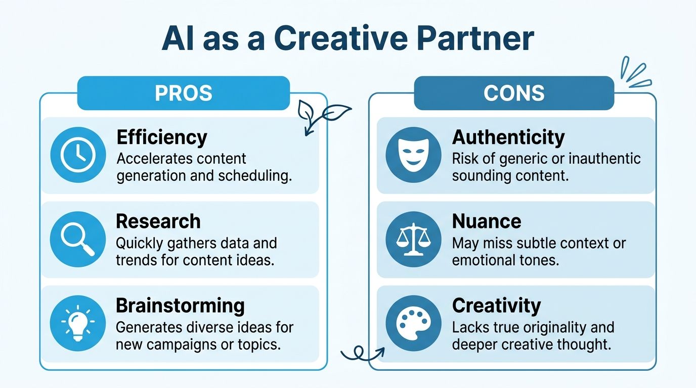 A pros and cons infographic comparing the use of artificial intelligence as a creative content partner.