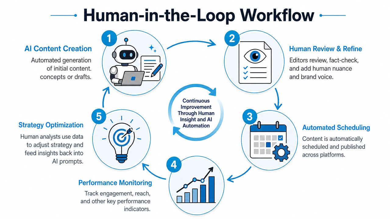 A diagram illustrating a five-step Human-in-the-Loop workflow for automated content creation and continuous strategy improvement.