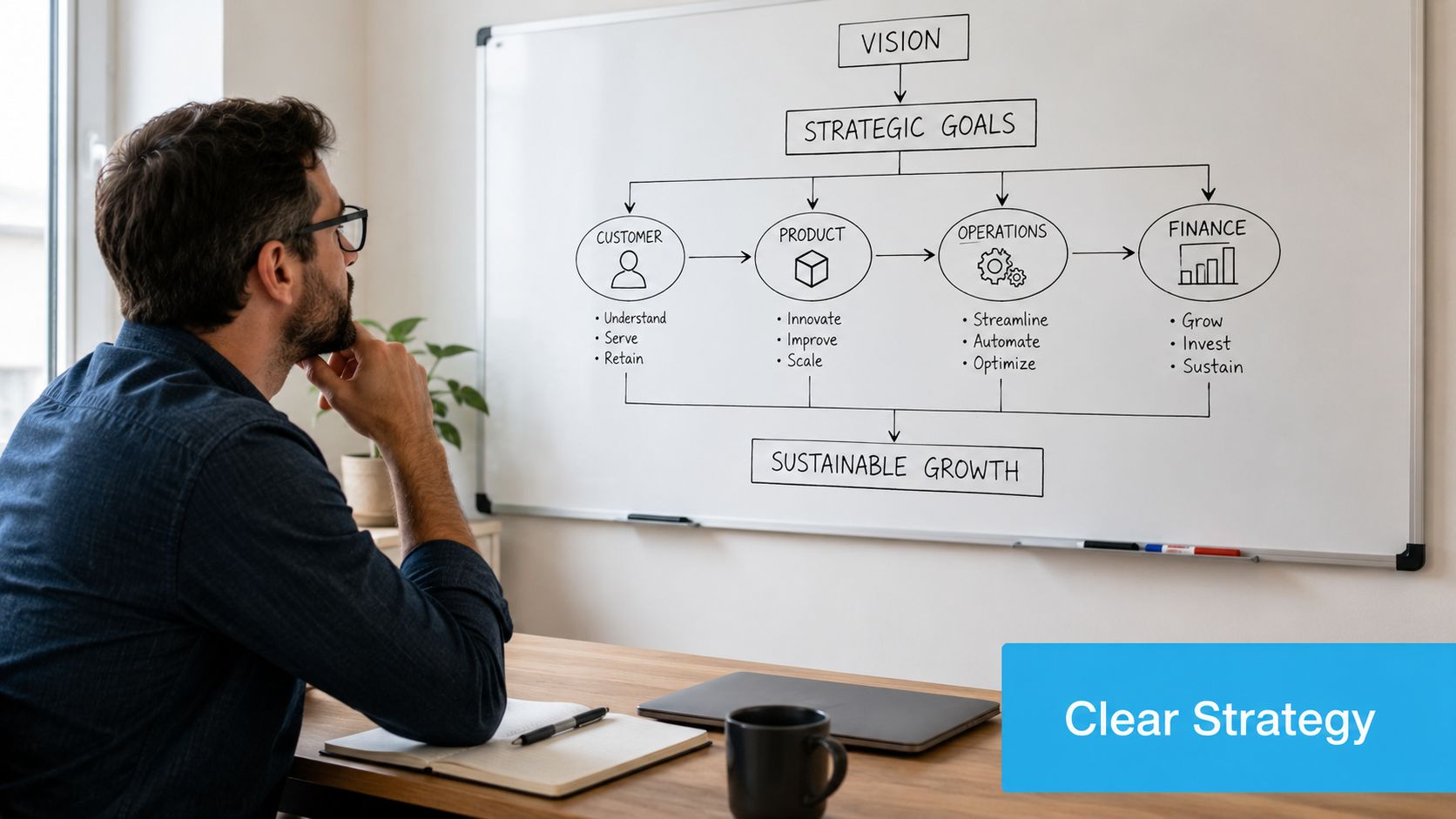 A professional man observing a business strategy flowchart drawn on a large whiteboard in an office.
