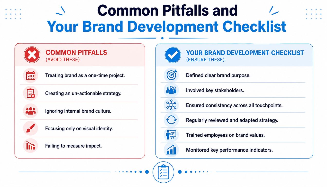 Brand Development Strategy: A Practical Guide for 2026 | SharedTEAMS An infographic titled Common Pitfalls and Your Brand Development Checklist, showing side-by-side lists of what to avoid and what to ensure.