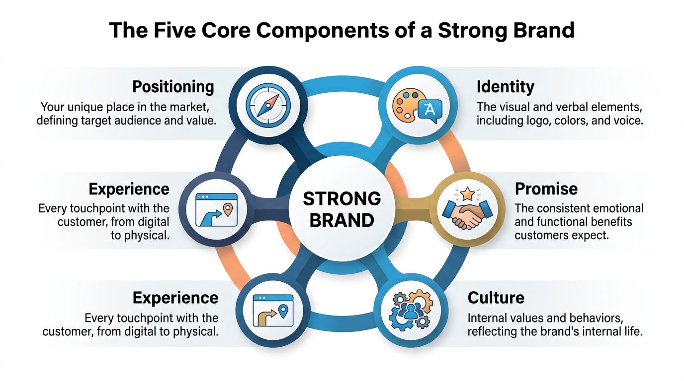 Brand Development Strategy: A Practical Guide for 2026 | SharedTEAMS A diagram illustrating the five core components of a strong brand: positioning, identity, promise, culture, and experience.