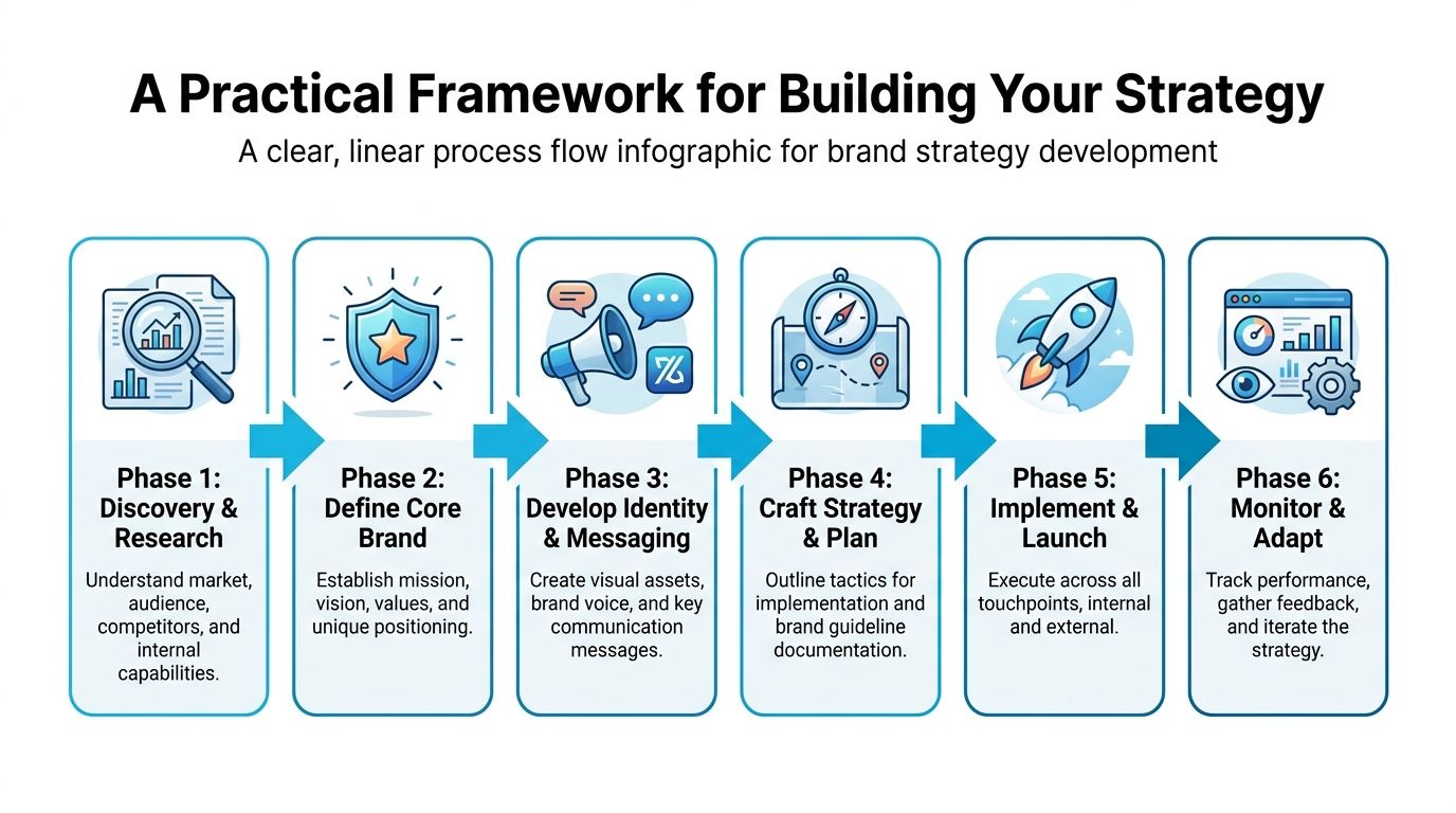 Brand Development Strategy: A Practical Guide for 2026 | SharedTEAMS An infographic showing a six-phase framework for developing a successful and practical brand strategy.