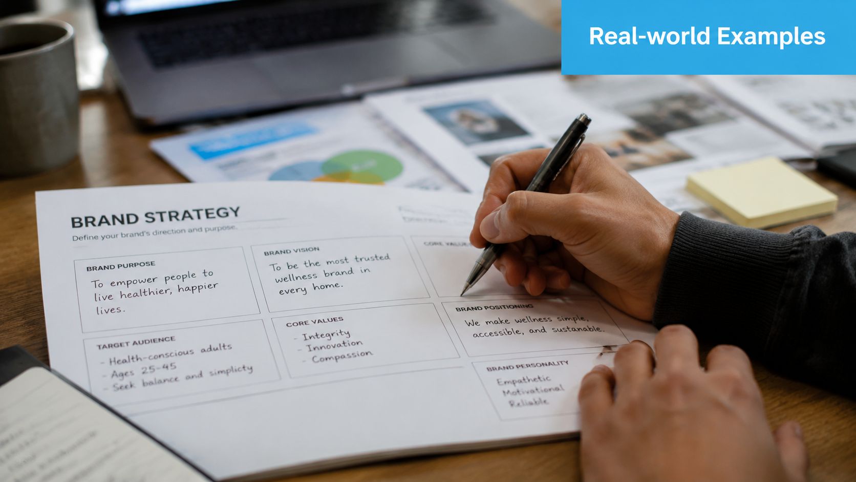 A person fills out a handwritten brand strategy template on a desk, focusing on purpose and vision.
