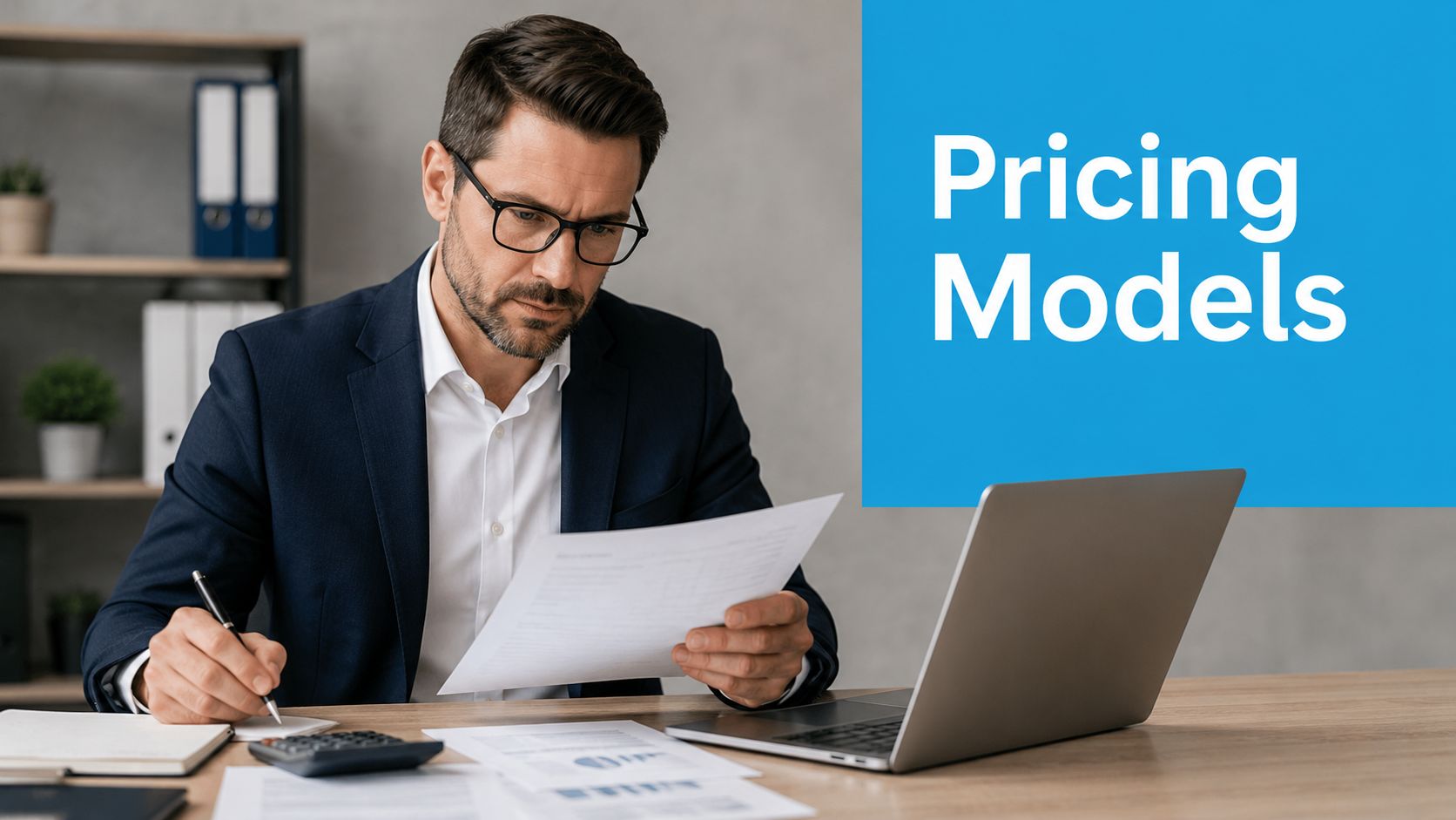 A professional businessman reviews financial documents at his desk, with a laptop and calculator nearby.