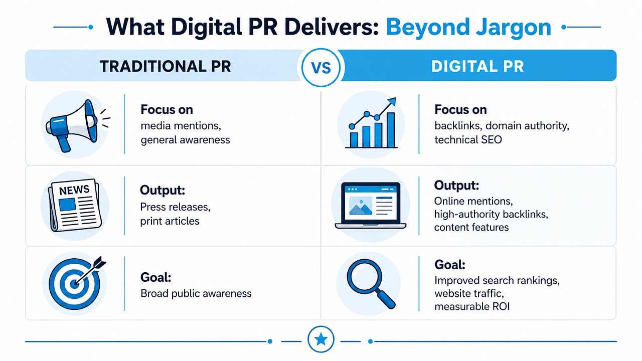 A comparison chart showing the differences between traditional public relations and digital public relations strategies.