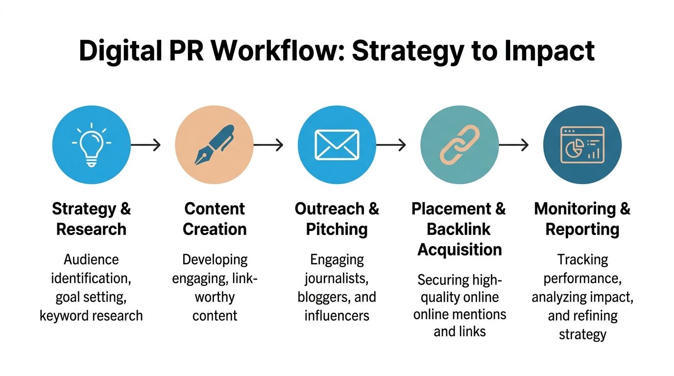 A diagram illustrating the five stages of a digital PR workflow from strategy to reporting.