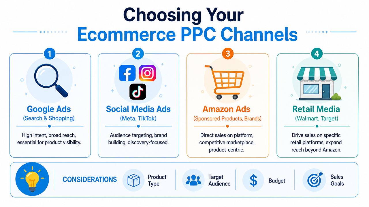 An infographic titled Choosing Your Ecommerce PPC Channels comparing Google, Social Media, Amazon, and Retail media advertising strategies.