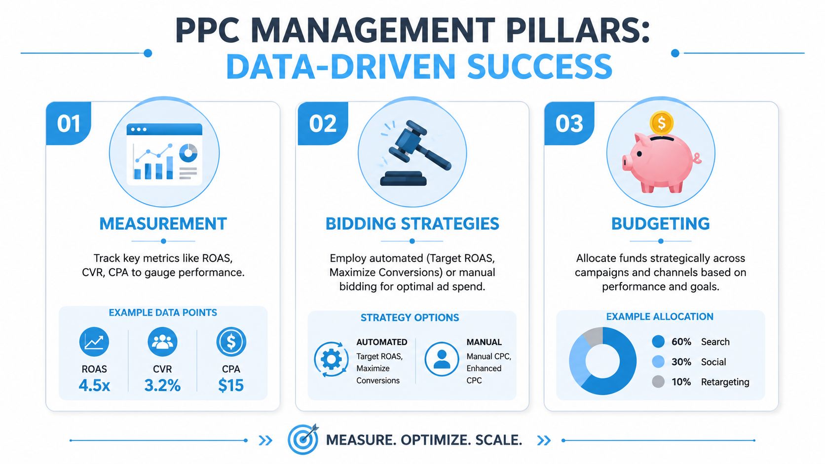 A visual guide illustrating three core pillars of PPC management: measurement, bidding strategies, and strategic budget allocation.