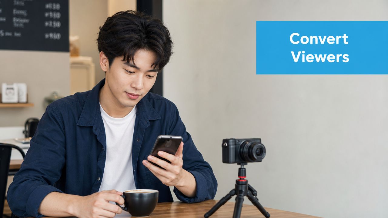 A young man sitting at a café table looking at his phone with a camera on a tripod.