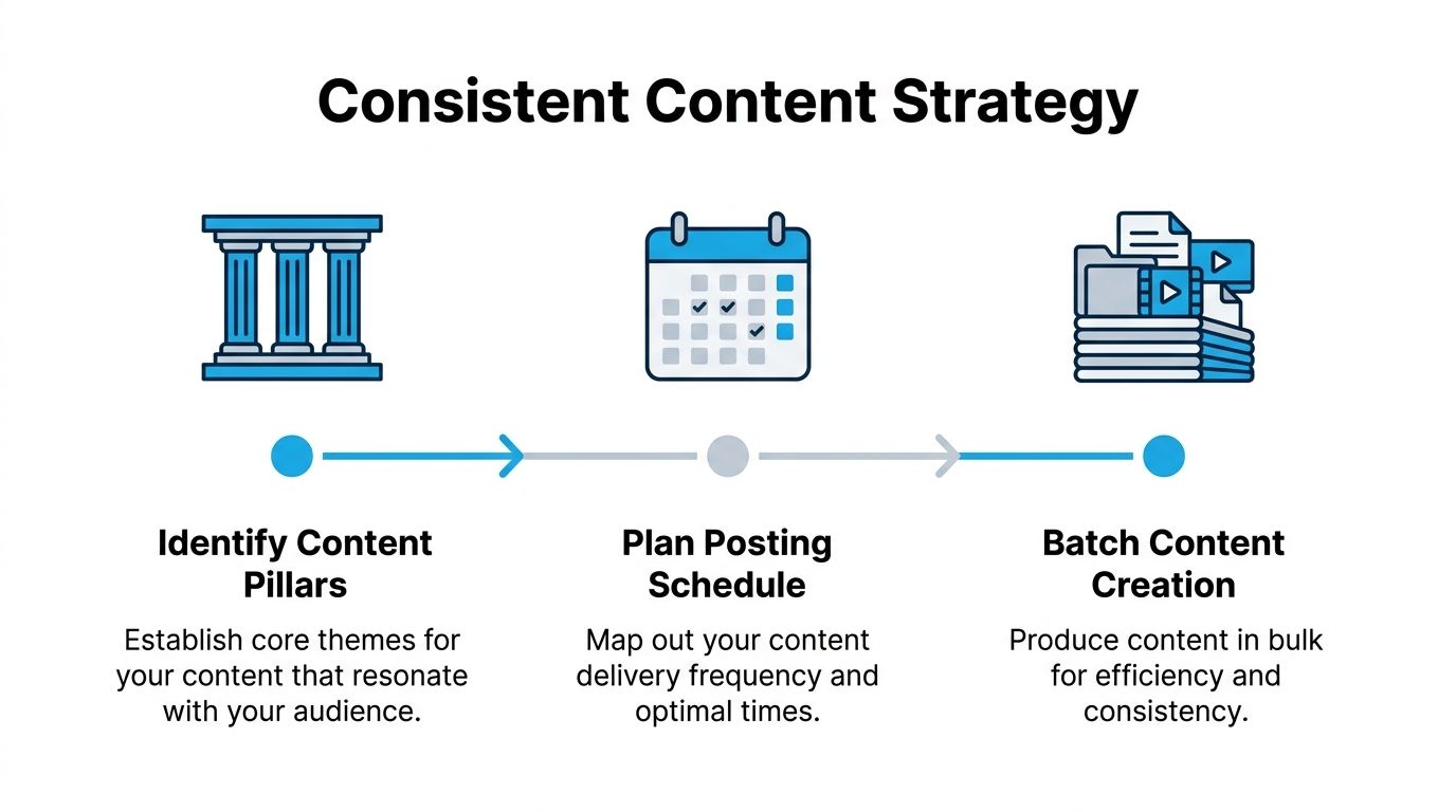 A graphic diagram illustrating a consistent content strategy with three steps: identifying pillars, planning schedules, and batching creation.