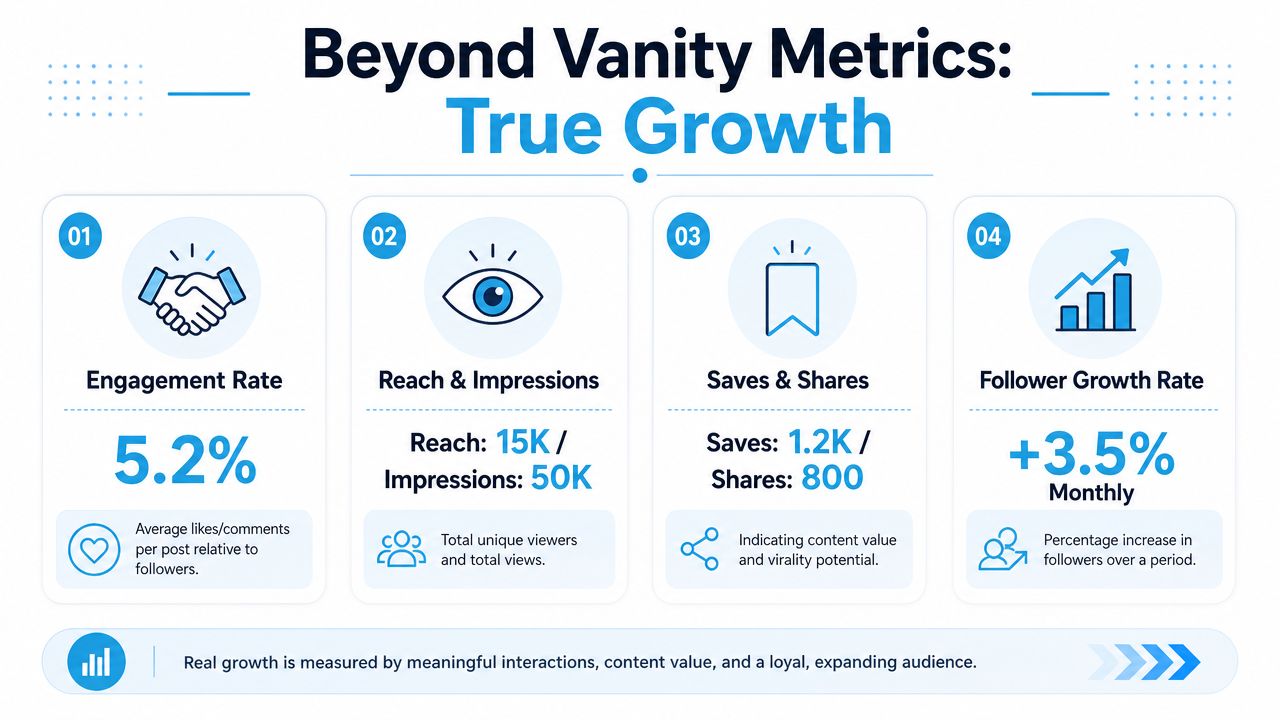 An infographic titled Beyond Vanity Metrics showing four key performance indicators for measuring social media growth.