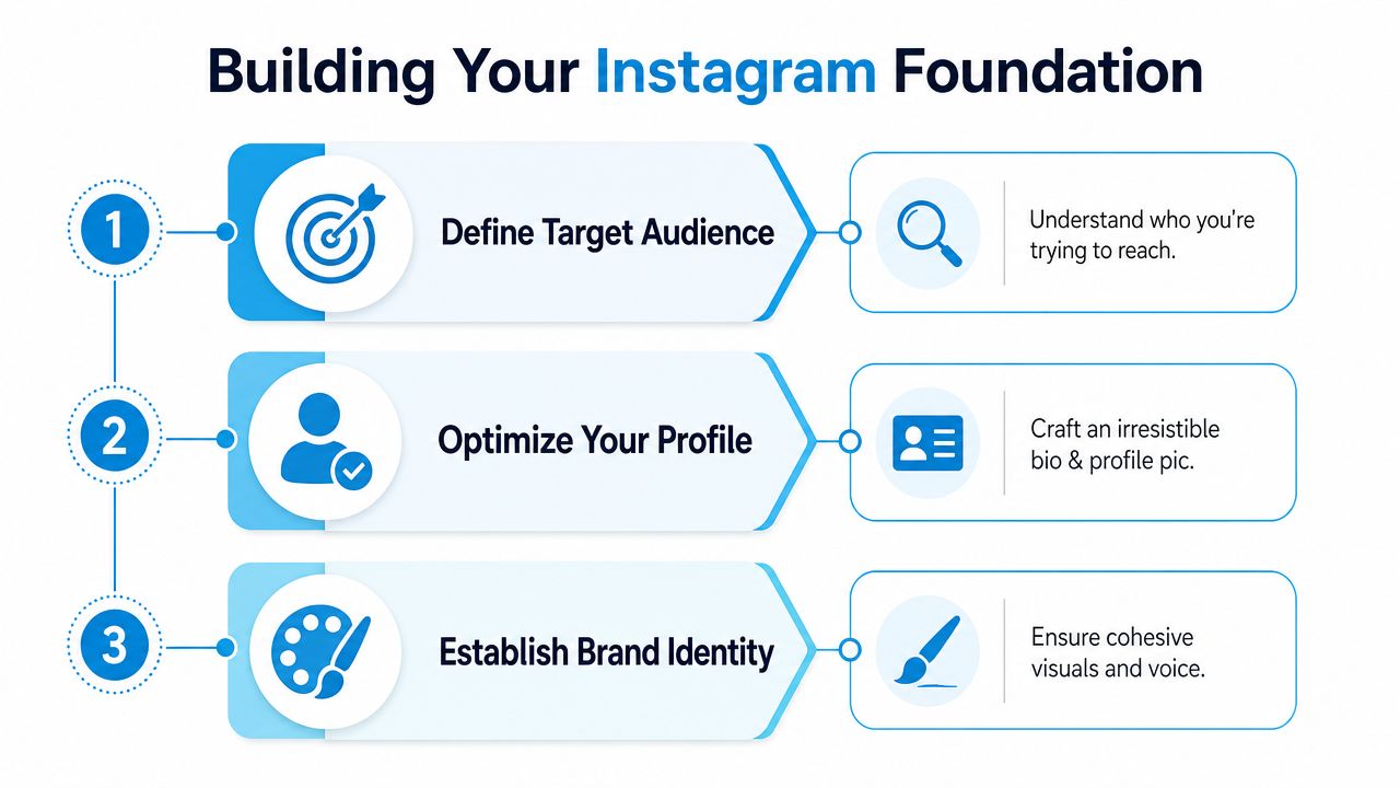 An infographic titled Building Your Instagram Foundation outlining three steps for profile success and brand growth.