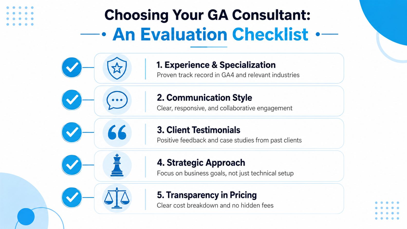 Top Google Analytics Consulting Services for SMBs | SharedTEAMS A checklist infographic outlining five key factors to consider when choosing a Google Analytics consultant.