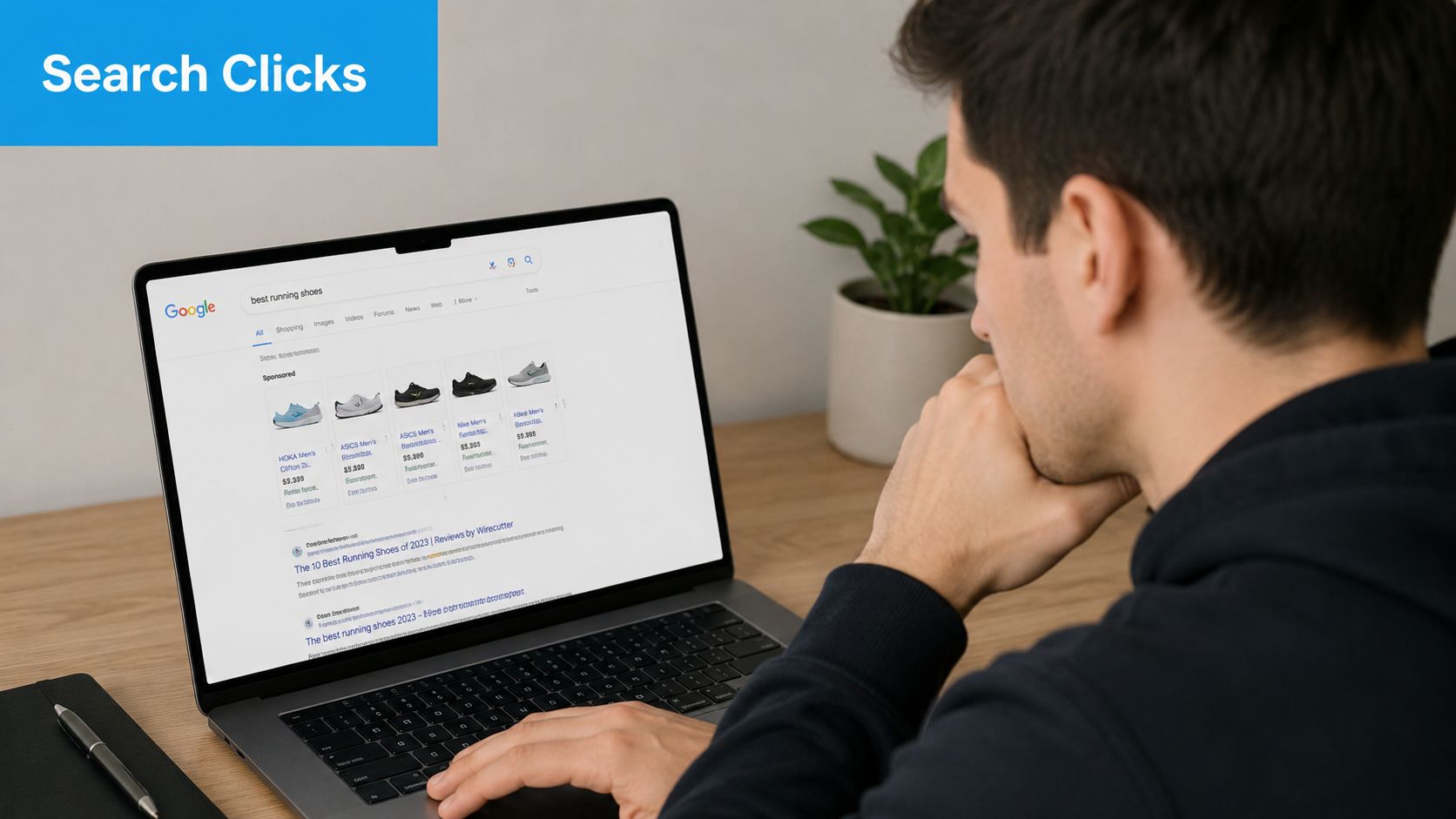 How to Improve Click Through Rate: A 2026 Guide | SharedTEAMS A person sitting at a desk looking at a laptop displaying Google search results for running shoes.