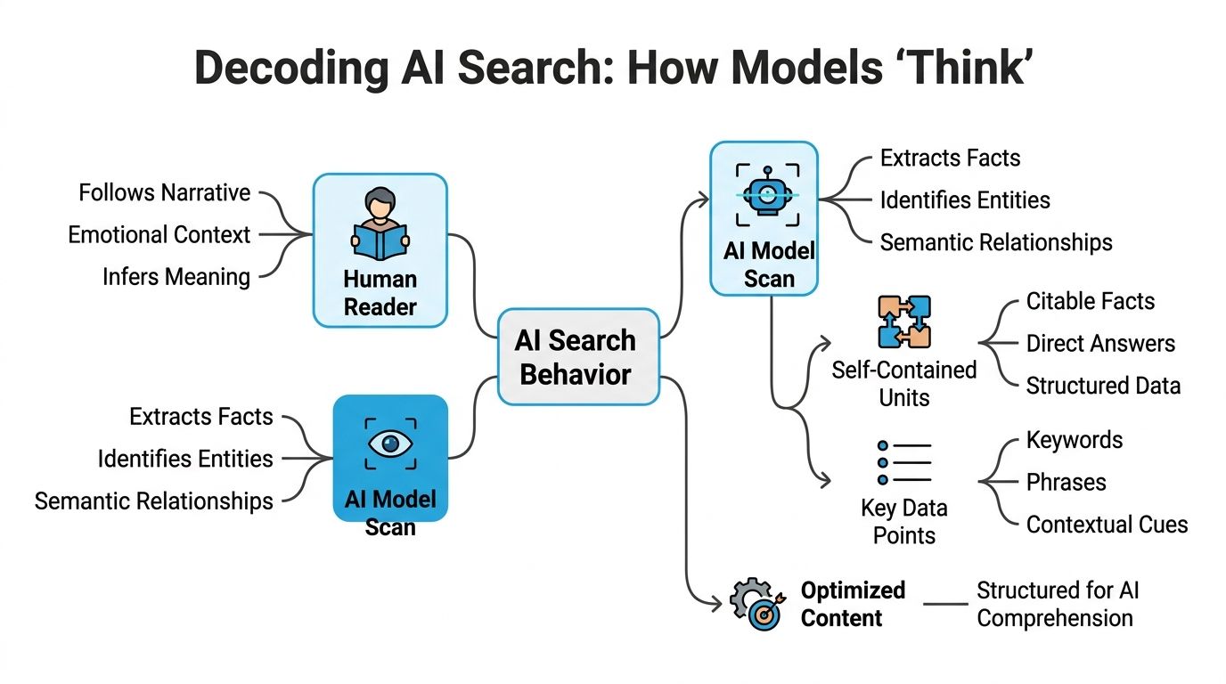 A diagram illustrating how AI search models analyze and process content similarly to a human reader.