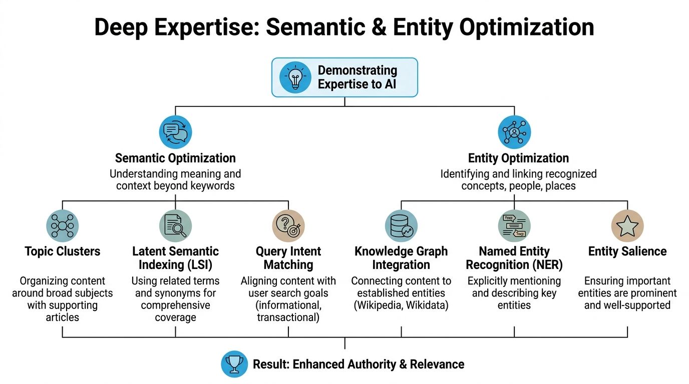 A diagram outlining the strategies for semantic and entity optimization to improve content expertise for AI search engines.