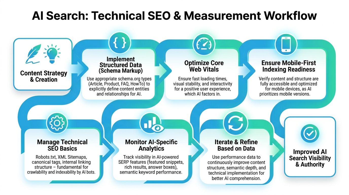 A flowchart diagram illustrating a technical SEO and measurement workflow for optimizing content for AI search engines.