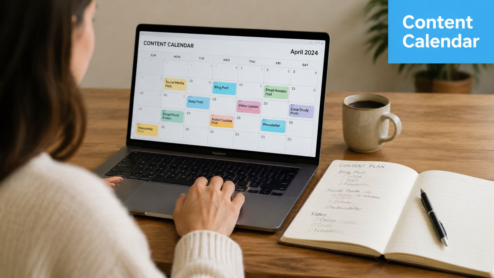 How to Plan Social Media Content: A System for SMBs | SharedTEAMS A woman working on a laptop viewing a digital content calendar while writing in a paper notebook.