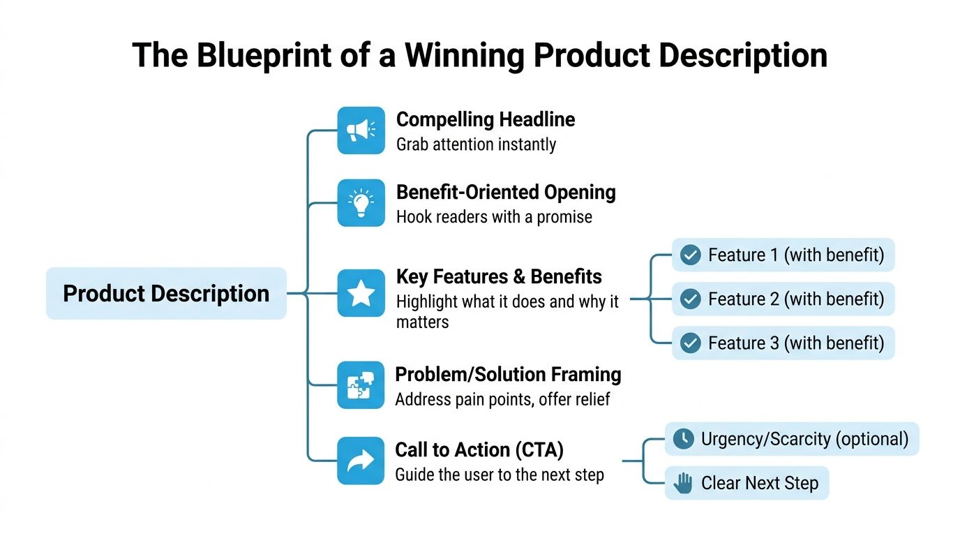A diagram outlining the essential components for creating a successful and engaging online product description.