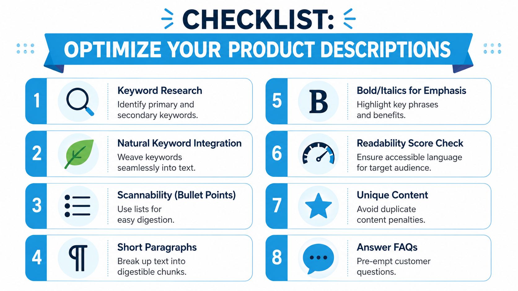 A checklist infographic illustrating eight essential tips for optimizing product descriptions to improve search engine rankings.