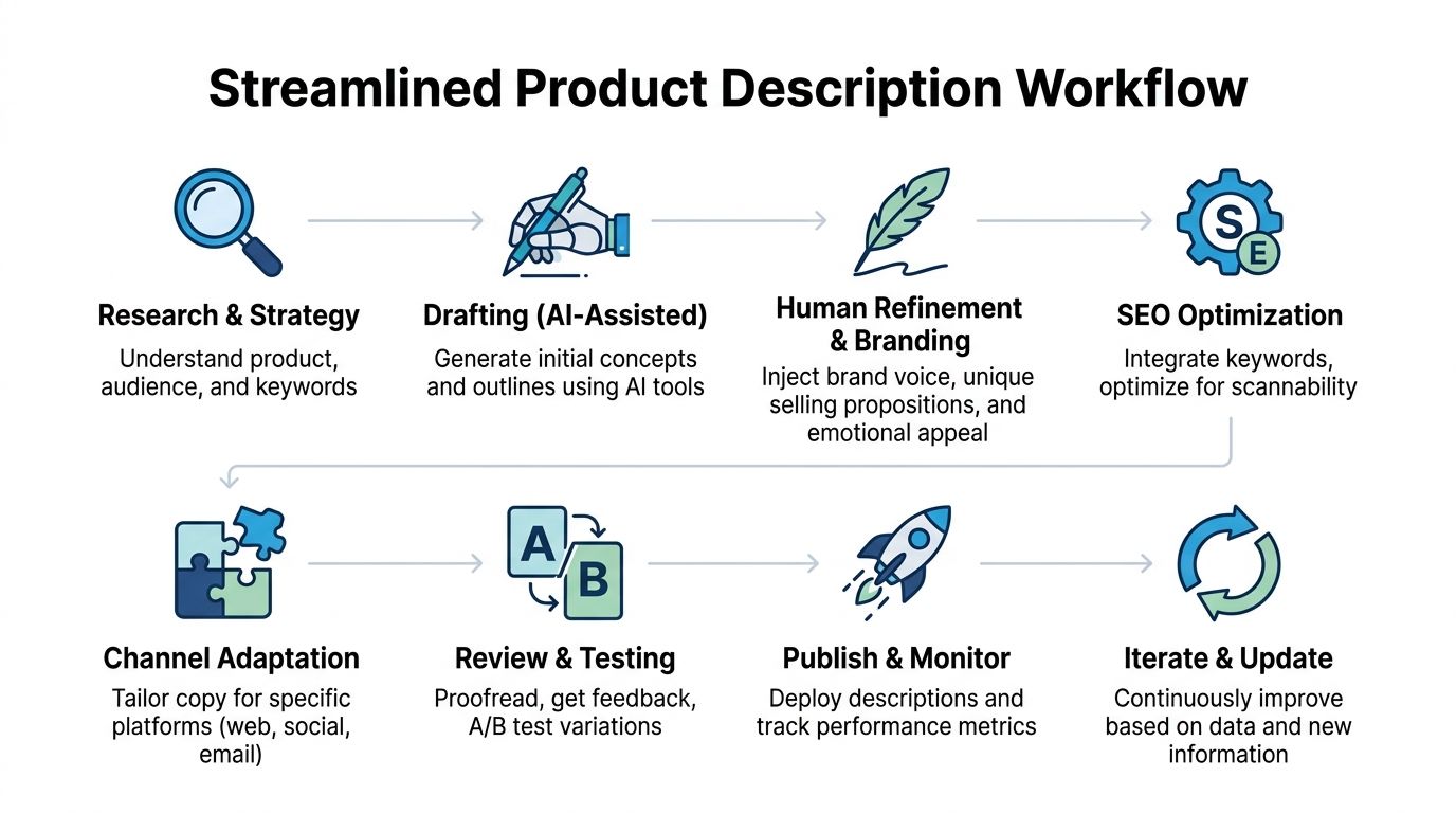 An infographic showing a streamlined eight-step workflow for creating professional product descriptions using AI and human editing.