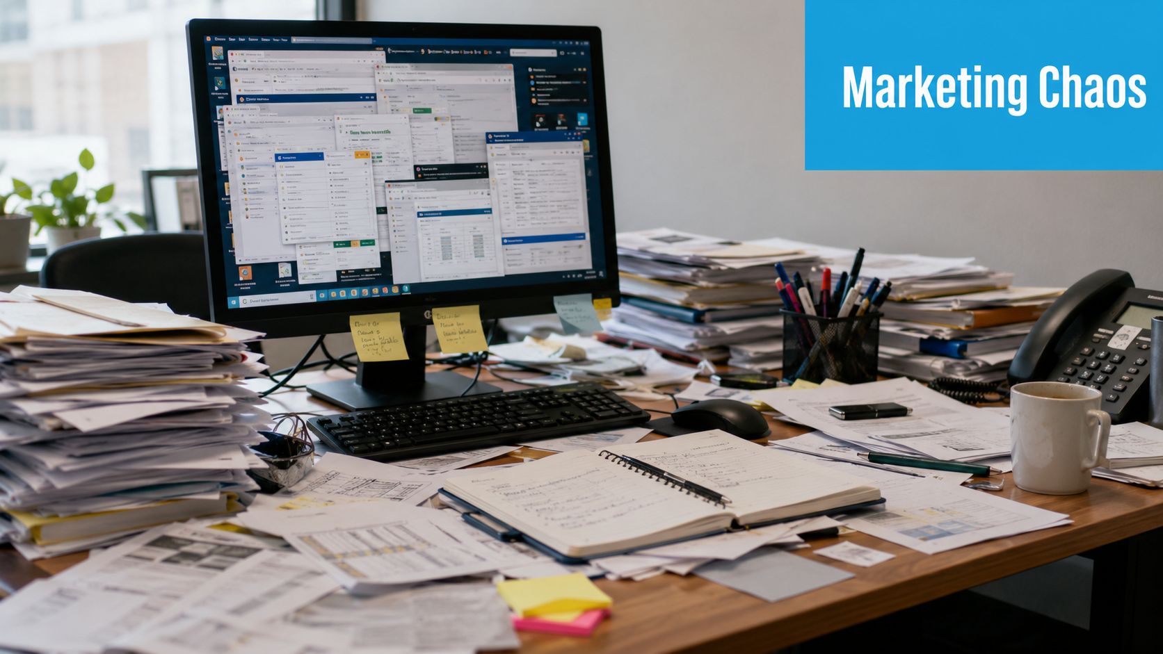 A cluttered office desk with a computer monitor displaying many open windows, surrounded by messy stacks of paper.