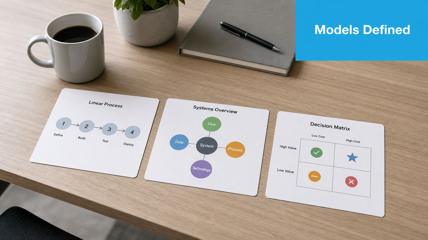 A wooden desk featuring a coffee cup, notebook, and three cards illustrating business models: Linear Process, Systems Overview, and Decision Matrix.