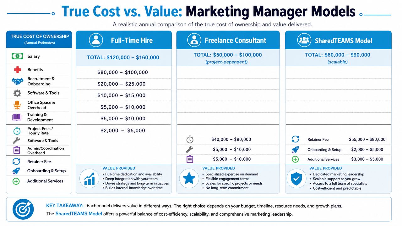 A comparison table outlining the true cost of ownership and value for hiring a marketing manager.