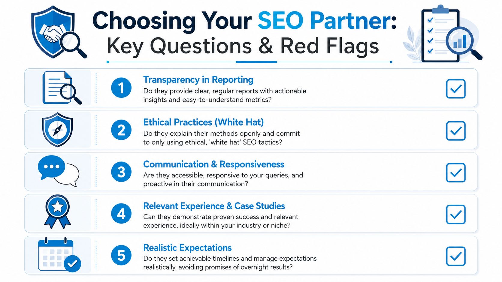Monthly SEO Service: A 2026 Guide for Business Owners | SharedTEAMS An infographic listing five key criteria for choosing an SEO partner, including reporting, ethics, communication, experience, and expectations.