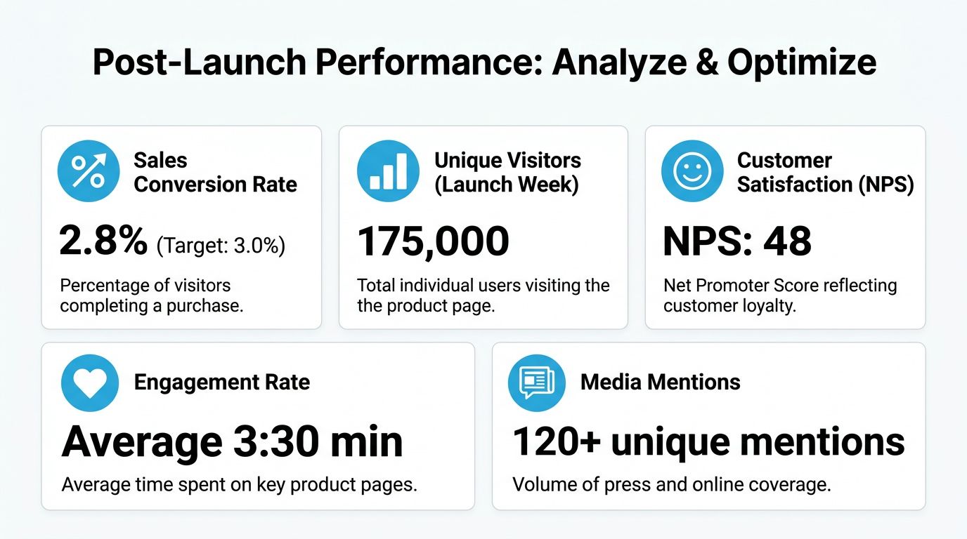 A dashboard showing key metrics for post-launch performance including conversion rate, traffic, satisfaction, engagement, and media mentions.