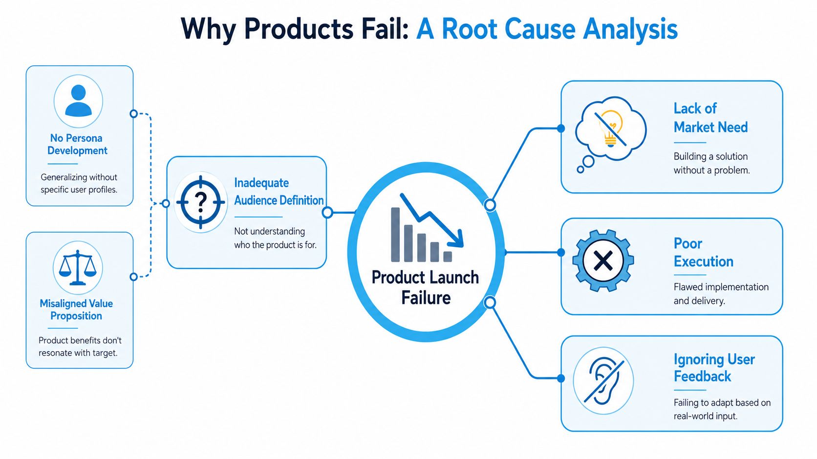 A diagram illustrating root causes of product launch failure including poor audience definition and market misalignment.