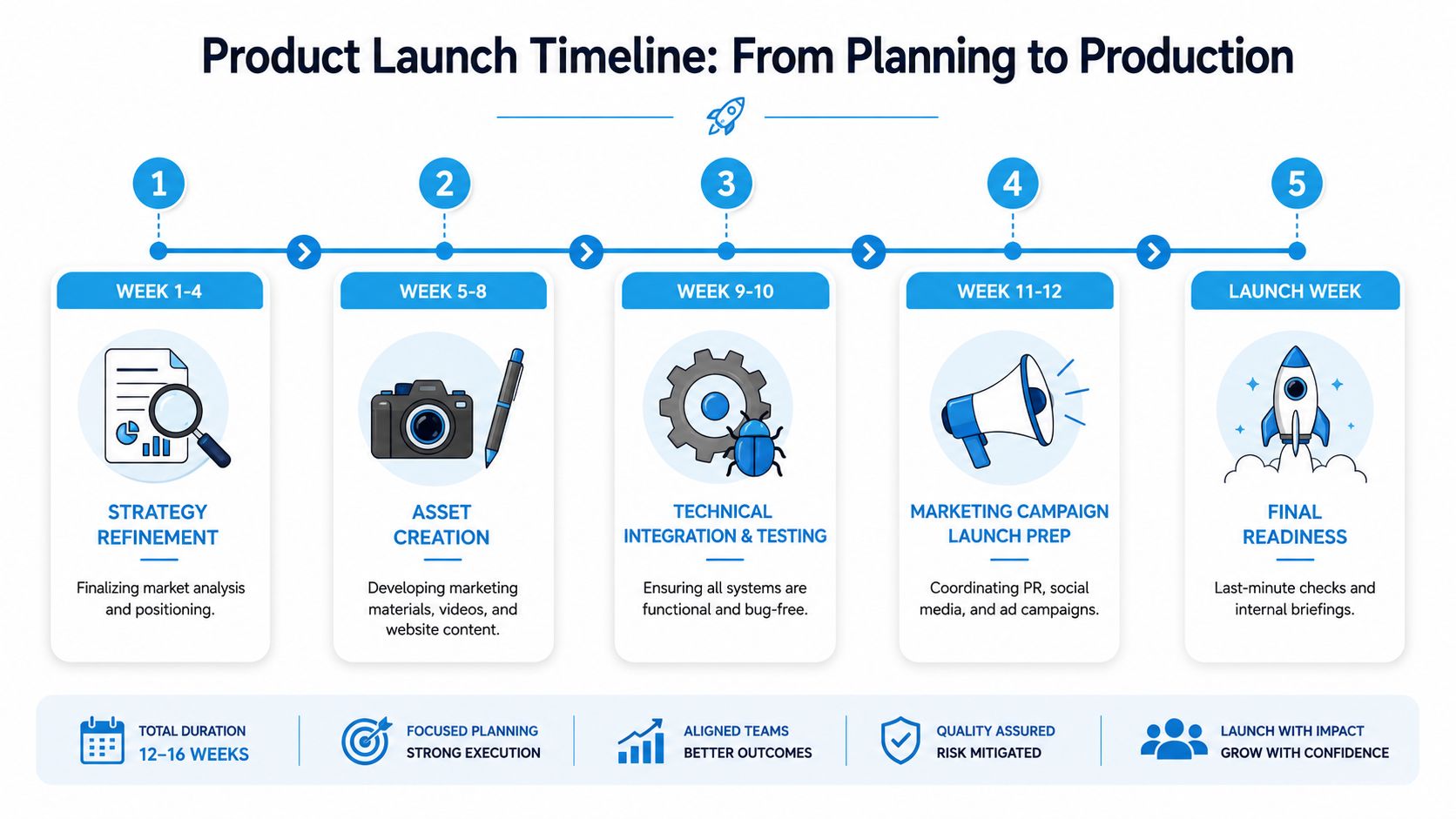A five-step timeline infographic titled Product Launch Timeline showing the process from planning to final production readiness.