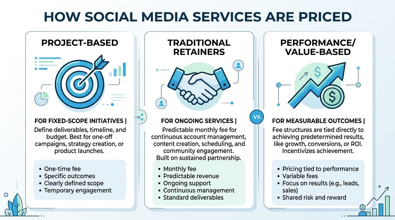 An infographic showing three common pricing models for social media services: project-based, traditional retainers, and performance-based.
