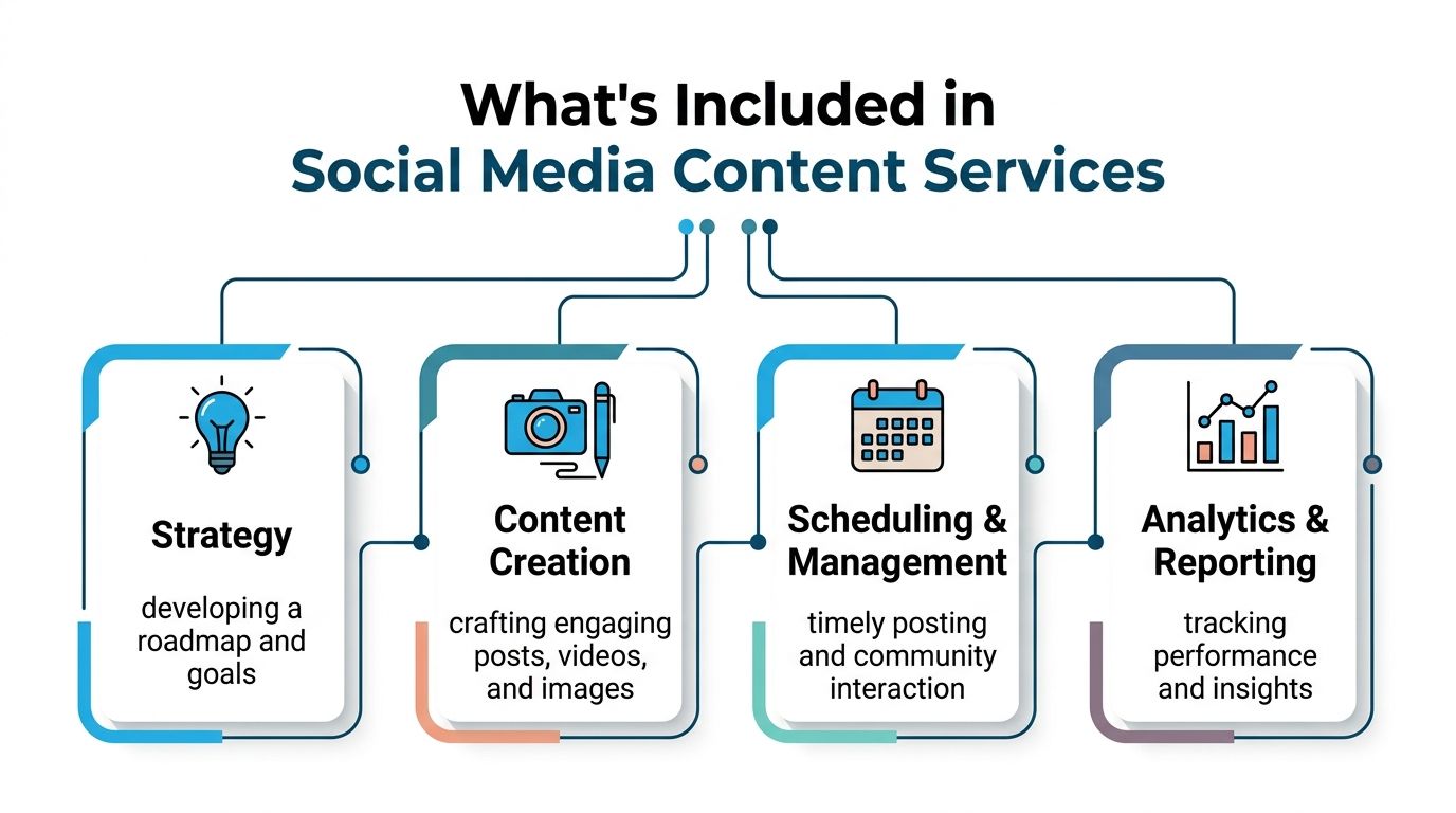 A diagram outlining the four key stages of professional social media content services including strategy, creation, management, and analytics.