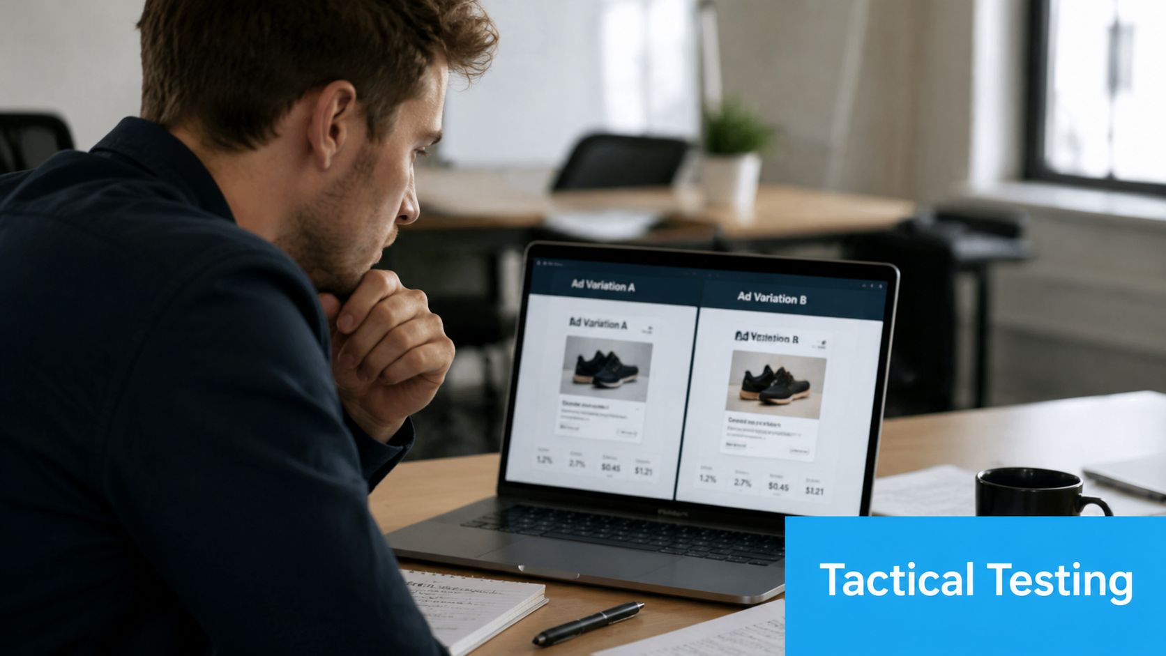 Testing and Optimization: Build a 2026 Growth System | SharedTEAMS A professional analyzing and comparing two different advertising variations on a laptop screen in an office.
