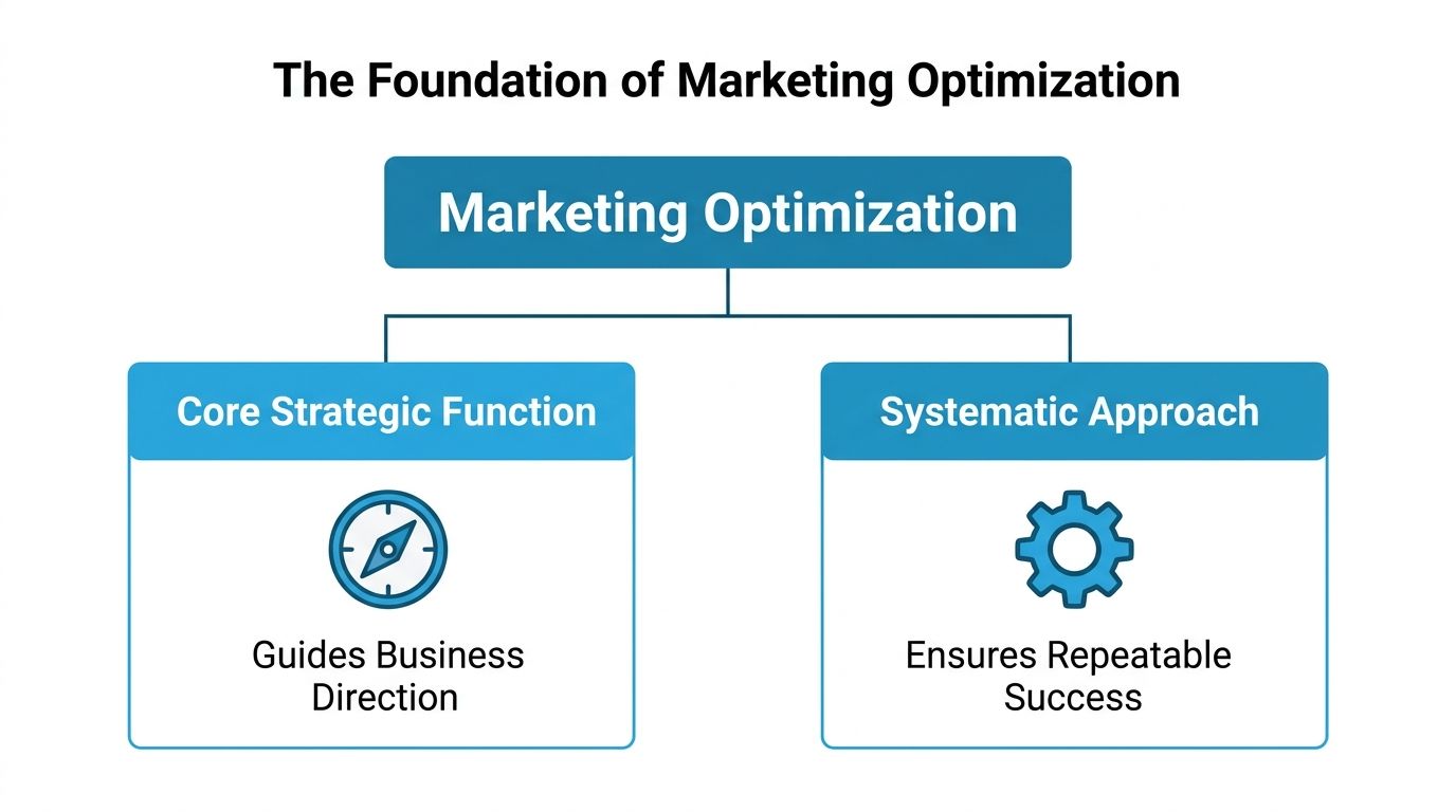 Testing and Optimization: Build a 2026 Growth System | SharedTEAMS A diagram outlining the foundation of marketing optimization through core strategic function and a systematic approach.